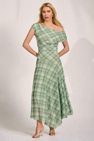 Asymmetric Draped Mesh Maxi Dress, Green Check