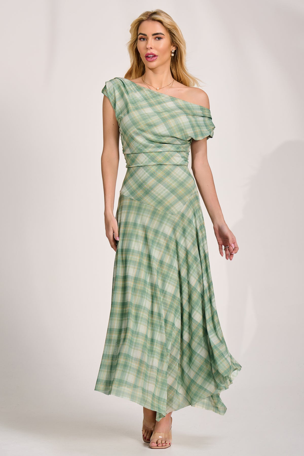 Asymmetric Draped Mesh Maxi Dress, Green Check – Jolie Moi Retail