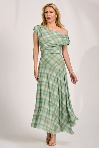 Asymmetric Draped Mesh Maxi Dress, Green Check