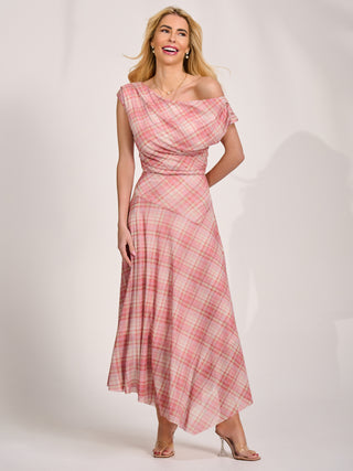 Asymmetric Draped Mesh Maxi Dress, Pink Check