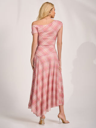 Asymmetric Draped Mesh Maxi Dress, Pink Check