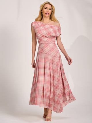 Asymmetric Draped Mesh Maxi Dress, Pink Check