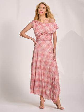 Asymmetric Draped Mesh Maxi Dress, Pink Check