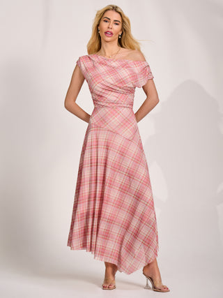 Asymmetric Draped Mesh Maxi Dress, Pink Check