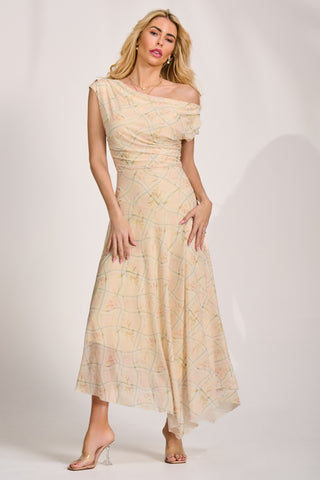 Asymmetric Draped Mesh Maxi Dress, Yellow Check