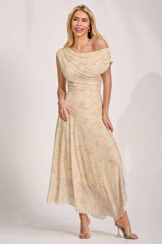 Asymmetric Draped Mesh Maxi Dress, Yellow Check