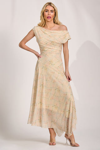 Asymmetric Draped Mesh Maxi Dress, Yellow Check