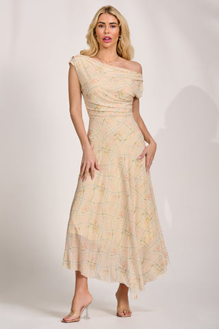 Asymmetric Draped Mesh Maxi Dress, Yellow Check