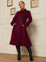 Double Breasted Button Detail Fit And Flare Coat, Burgundy