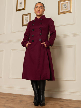 Double Breasted Button Detail Fit And Flare Coat, Burgundy