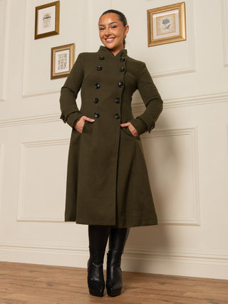 Double Breasted Button Detail Fit And Flare Coat, Soldier Green