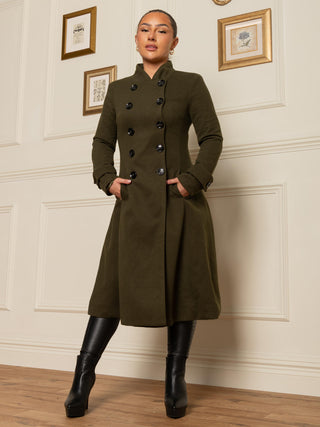 Double Breasted Button Detail Fit And Flare Coat, Soldier Green