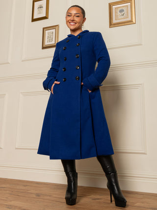 Button Front A-Line Long Coat, Royal Blue