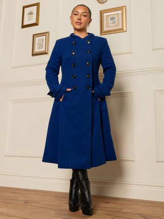 Button Front A-Line Long Coat, Royal Blue