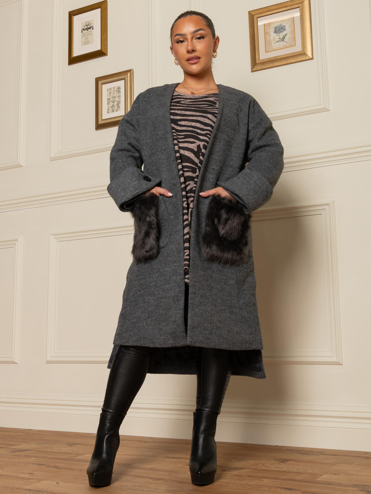 Dark grey faux sales fur coat