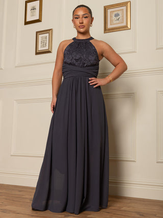 Halter Neck Lace Maxi Bridesmaid Dress, Dark Grey Jolie Moi Retail Halter Neck Lace Maxi Bridesmaid Dress, Dark Grey Jolie Moi Retail