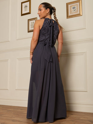 Halter Neck Lace Maxi Bridesmaid Dress, Dark Grey