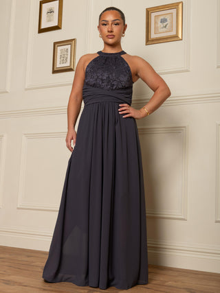 Halter Neck Lace Maxi Bridesmaid Dress, Dark Grey Jolie Moi Retail Halter Neck Lace Maxi Bridesmaid Dress, Dark Grey Jolie Moi Retail