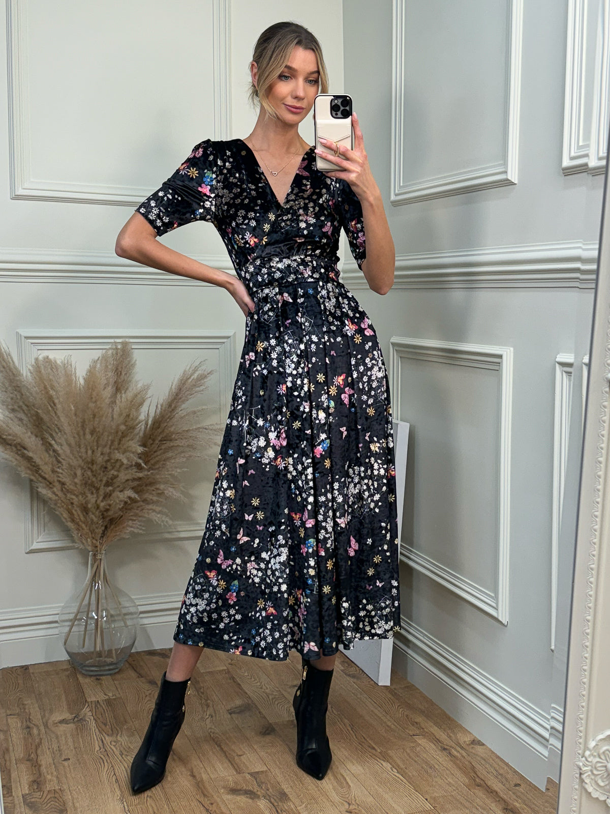 Floral midi best sale dress black