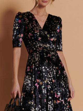 Floral Print Velvet Maxi Dress, Black Butterfly