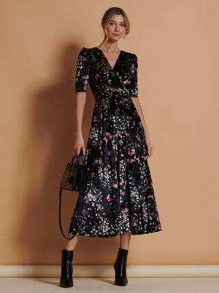 Floral Print Velvet Maxi Dress, Black Butterfly
