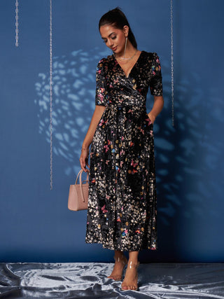 Floral Print Velvet Maxi Dress, Black Butterfly Jolie Moi Retail Floral Print Velvet Maxi Dress, Black Butterfly Jolie Moi Retail