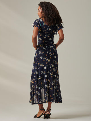 Heleyna Ruffle Hem Mesh Maxi Dress, Navy Floral