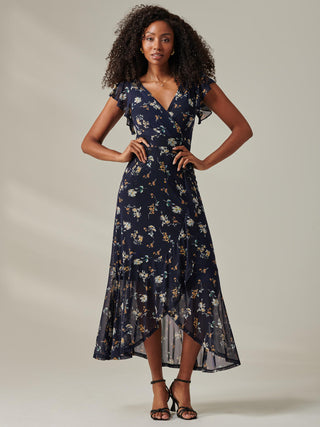 Heleyna Ruffle Hem Mesh Maxi Dress, Navy Floral