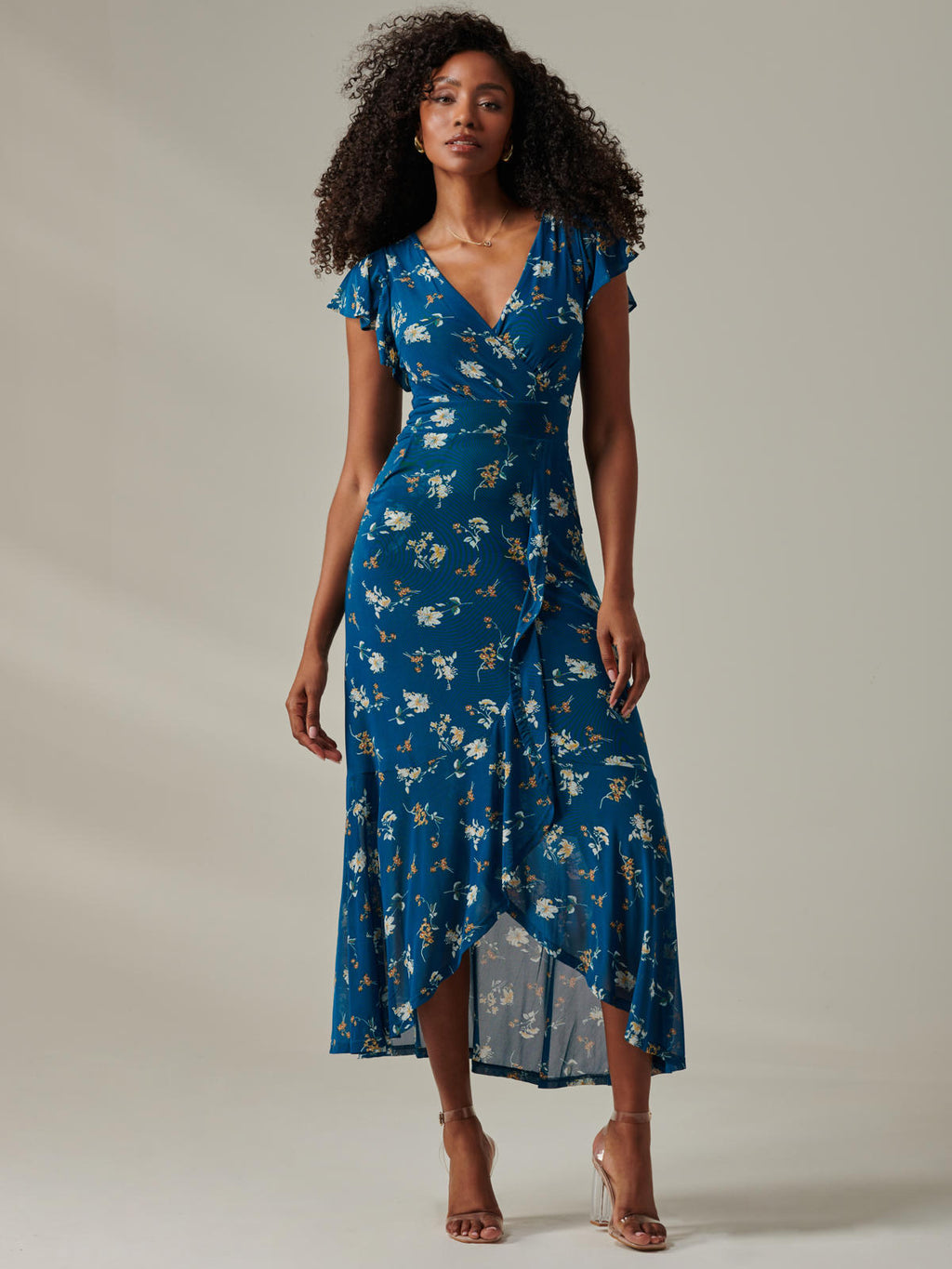 Heleyna Ruffle Hem Mesh Maxi Dress, Teal Floral – Jolie Moi Retail