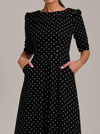 Printed Scuba Fold Collar Midi Dress, Black Polka Dot
