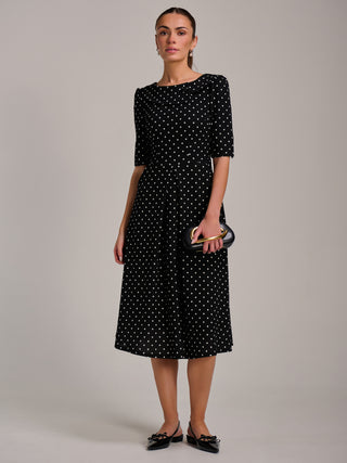 Printed Scuba Fold Collar Midi Dress, Black Polka Dot