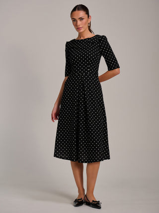 Printed Scuba Fold Collar Midi Dress, Black Polka Dot