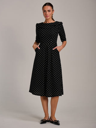 Printed Scuba Fold Collar Midi Dress, Black Polka Dot