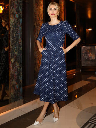 Printed Scuba Fold Collar Midi Dress, Navy Polka Dot