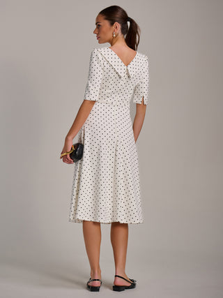 Printed Scuba Fold Collar Midi Dress, White Polka Dot