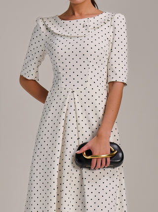 Printed Scuba Fold Collar Midi Dress, White Polka Dot