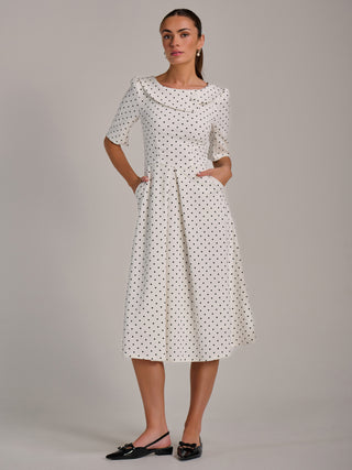 Printed Scuba Fold Collar Midi Dress, White Polka Dot