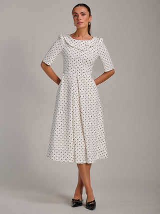 Printed Scuba Fold Collar Midi Dress, White Polka Dot