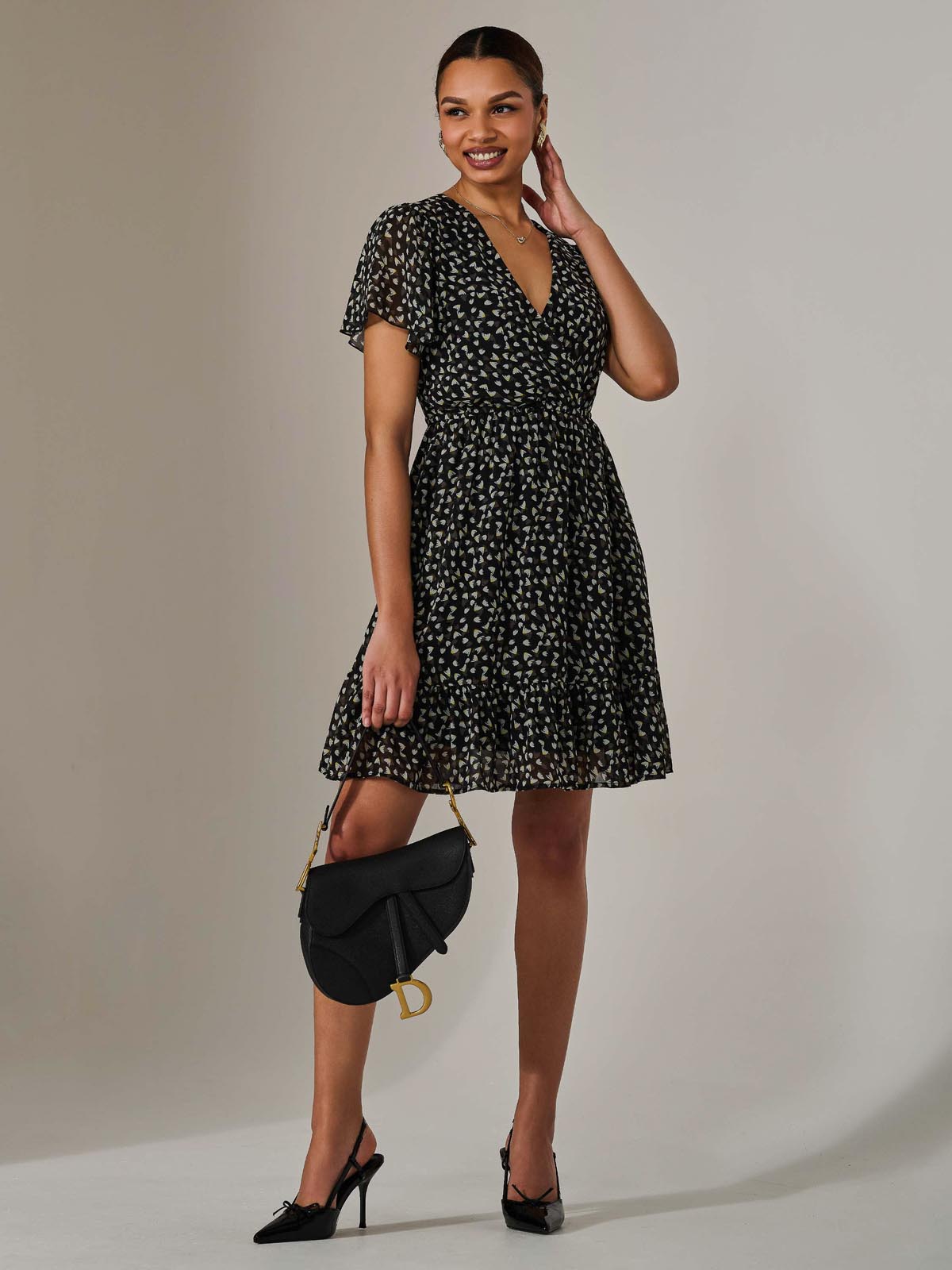 Chiffon Short Sleeve Tie Waist Mini Dress, Black Pattern – Jolie