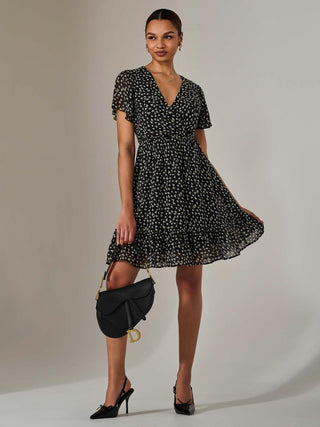 Chiffon Short Sleeve Tie Waist Mini Dress, Black Pattern Jolie Moi Retail Chiffon Short Sleeve Tie Waist Mini Dress, Black Pattern Jolie Moi Retail