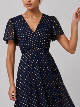 Metallic Effect Angel Sleeve Maxi Dress, Navy/Gold
