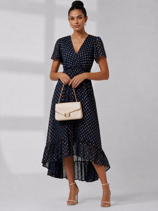 Metallic Effect Angel Sleeve Maxi Dress, Navy/Gold