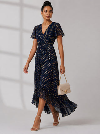 Metallic Effect Angel Sleeve Maxi Dress, Navy/Gold