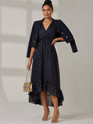 Metallic Effect Angel Sleeve Maxi Dress, Navy/Gold