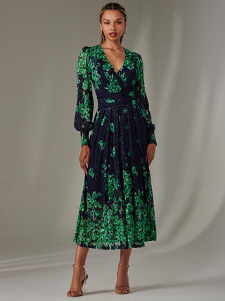 Dalia Symmetrical Print Lace Maxi Dress, Green Floral