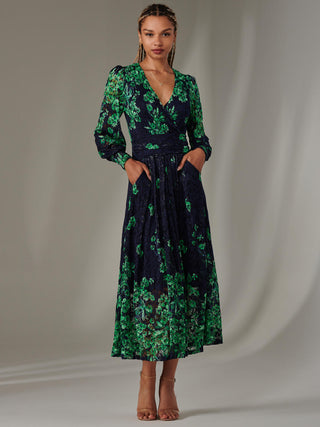 Dalia Symmetrical Print Lace Maxi Dress, Green Floral