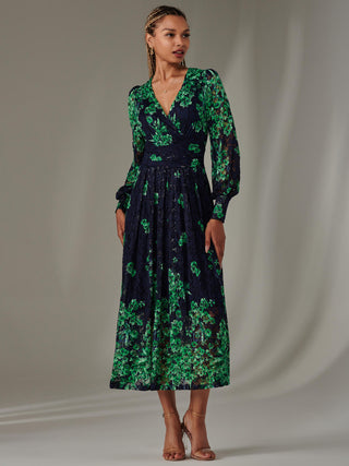 Dalia Symmetrical Print Lace Maxi Dress, Green Floral