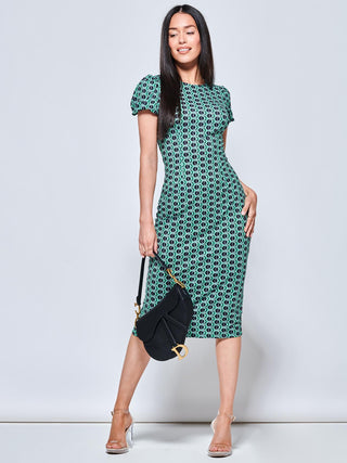 Short Sleeve Jersey Bodycon Midi Dress, Green Geo