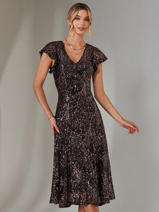 Sequin V Neck FIt & Flare Midaxi Dress, Black Rose Gold Jolie Moi Retail Sequin V Neck FIt & Flare Midaxi Dress, Black Rose Gold Jolie Moi Retail