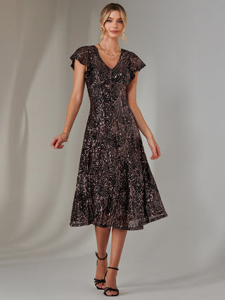 Sequin V Neck FIt & Flare Midaxi Dress, Black Rose Gold Jolie Moi Retail Sequin V Neck FIt & Flare Midaxi Dress, Black Rose Gold Jolie Moi Retail